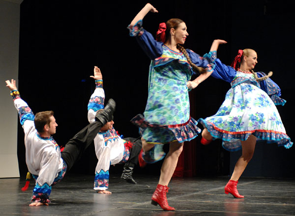 Photo by Ken Mahnke. Trepak, Russian Ukrainian dance, ensemble Barynya, Alexey Maltsev, Alexander Rudoy, Olga Chpitalnaia, Anna Brovkina, Texas Tour 2011